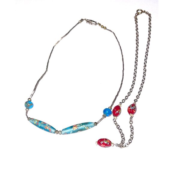 Source Unknown Jewelry - Vintage Silver Beaded Venetian Murano Millefiori Necklace Lot Blue and Red